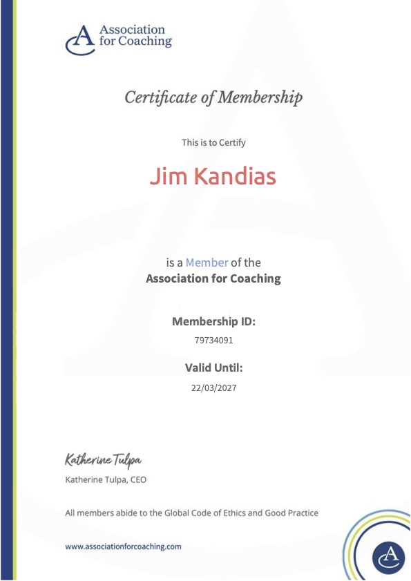 Association for Coaching membership certificate for Dimitrios Kandias