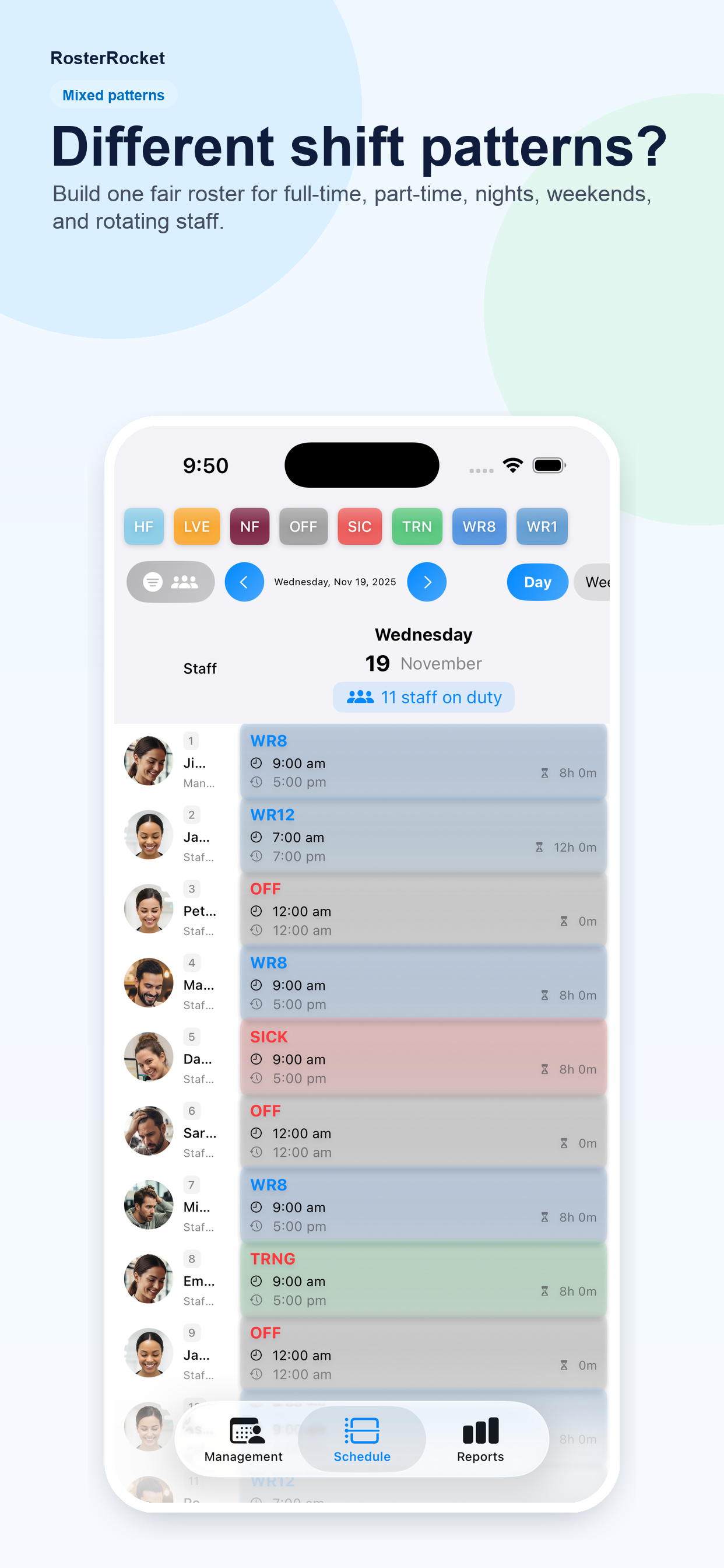Roster Rocket app screen showing different shift patterns