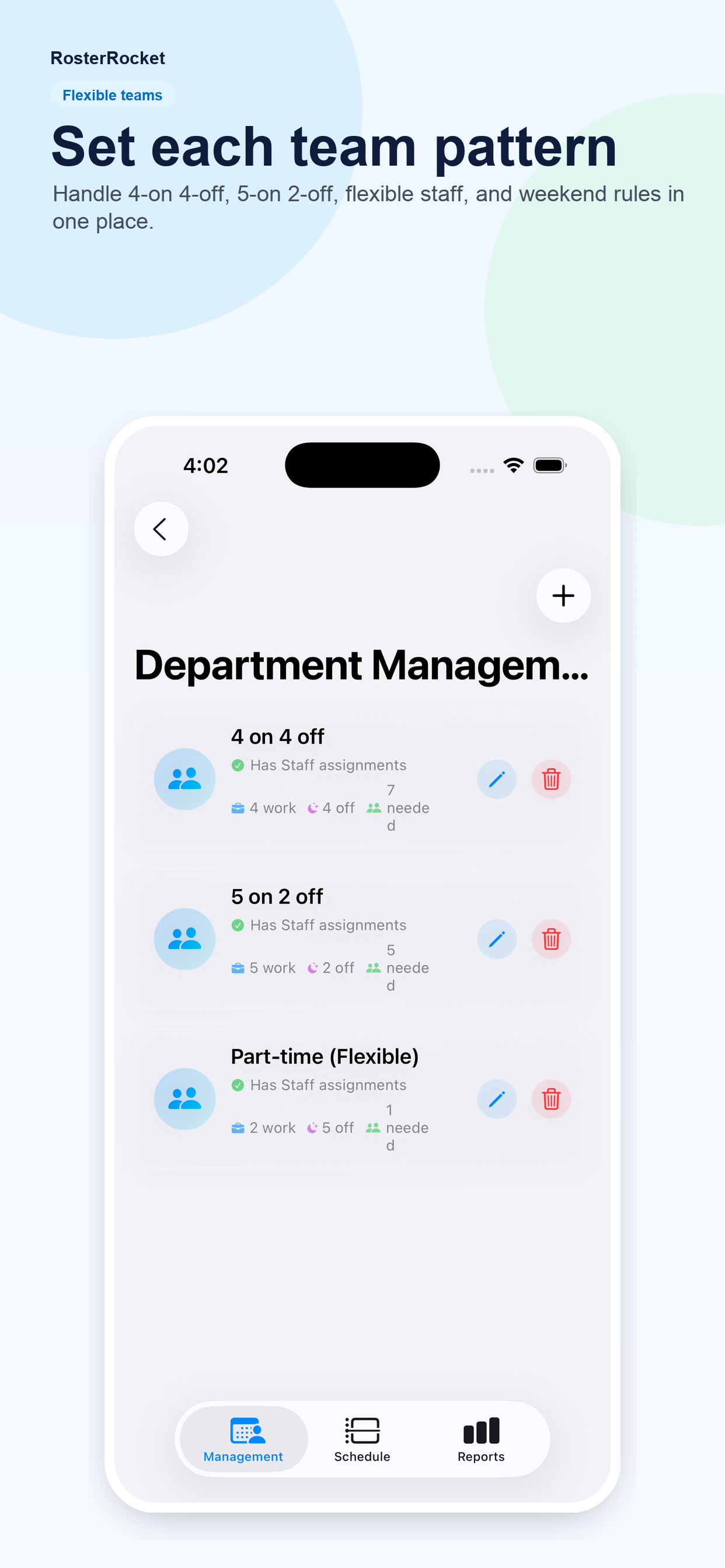 Roster Rocket app screen for setting each team pattern