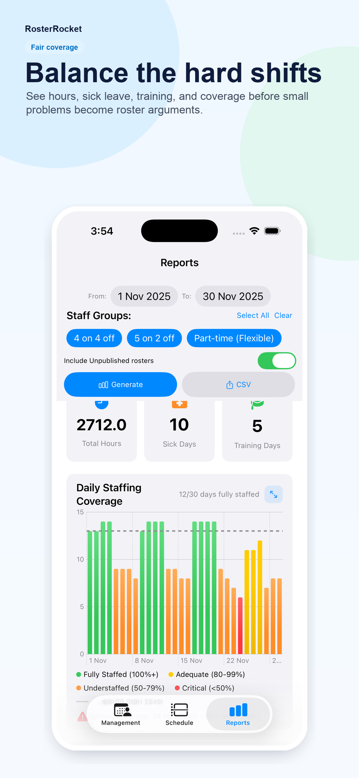 Roster Rocket app screen for balancing hard shifts