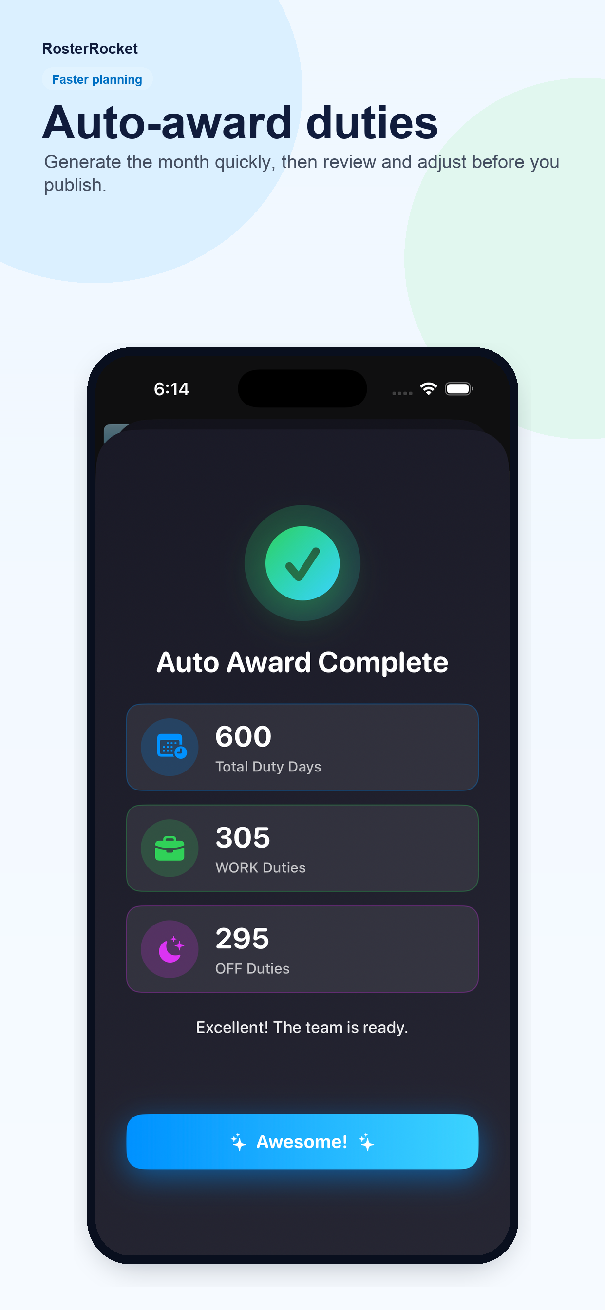 Roster Rocket app screen for automatic duty awards